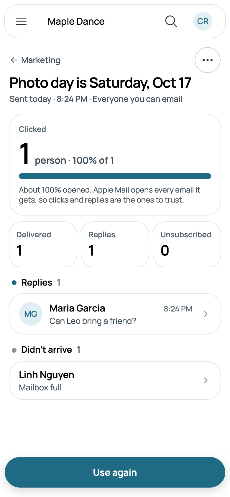 Photo day: Maria clicked and replied, and Linh's mailbox was full