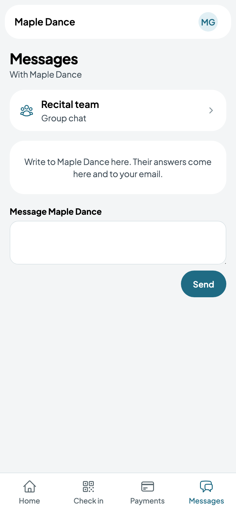 The recital team's group chat, from Maria's portal