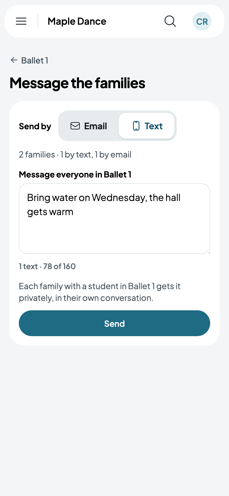Messaging Ballet 1's families