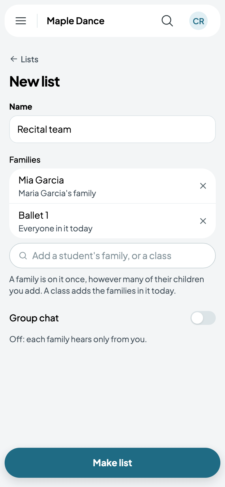 The recital team: Mia's family and Ballet 1
