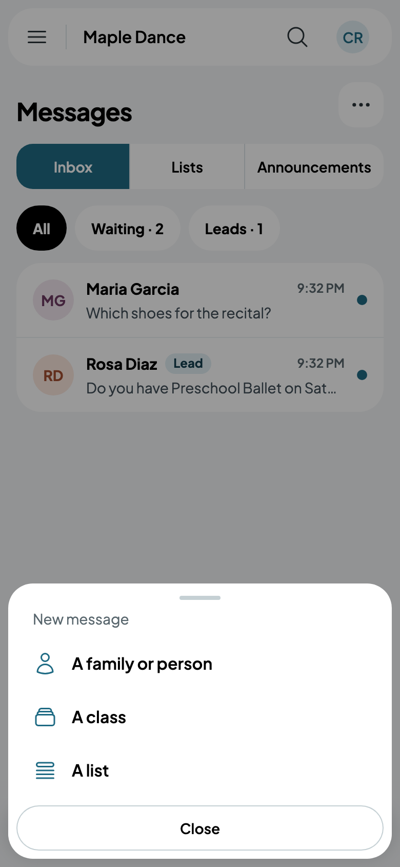 New message: a person, a class or a list