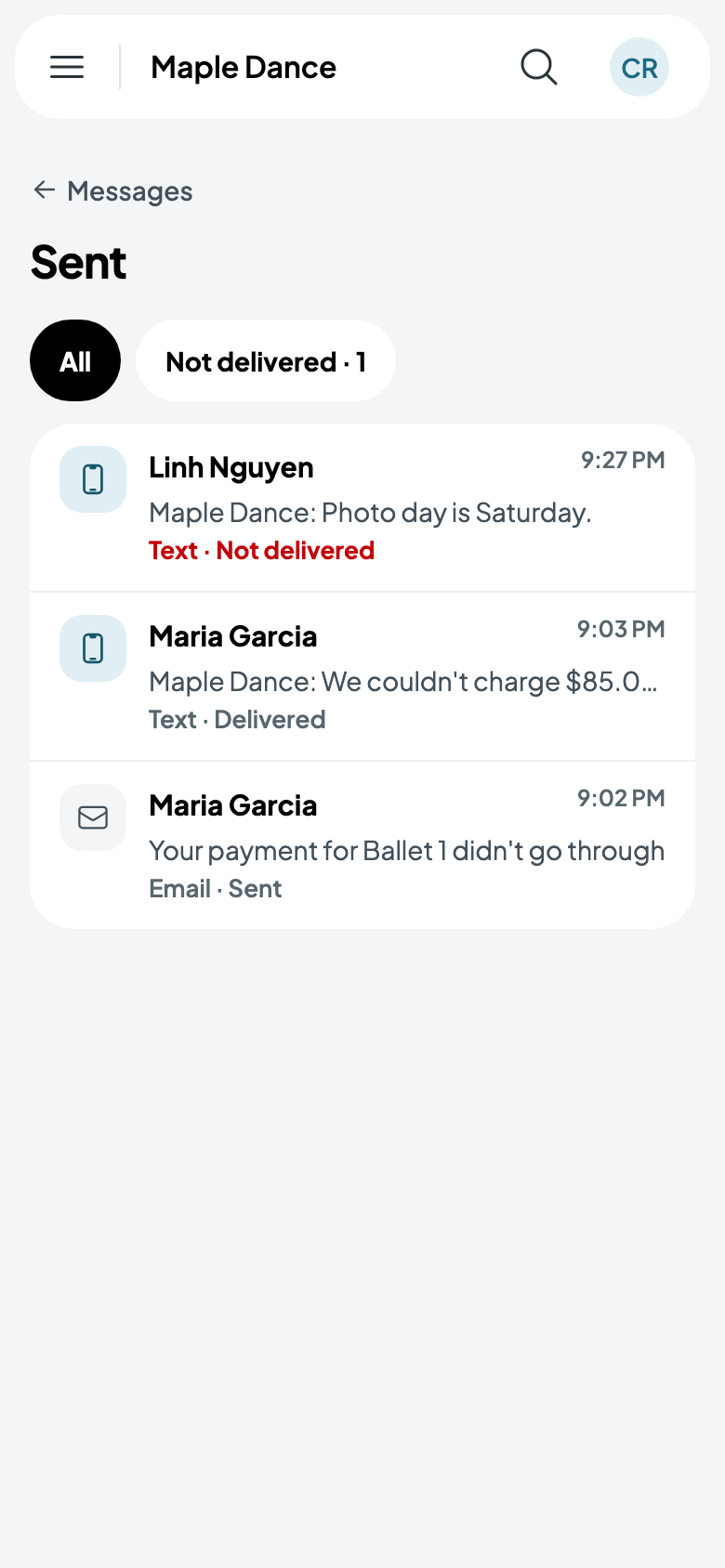 Sent: one text not delivered