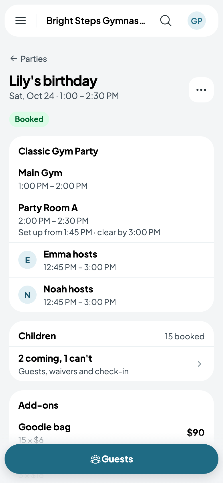 Lily's birthday: the Main Gym, then Party Room A, and its hosts