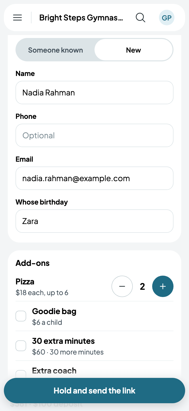 Booking Zara's party for a parent on the phone