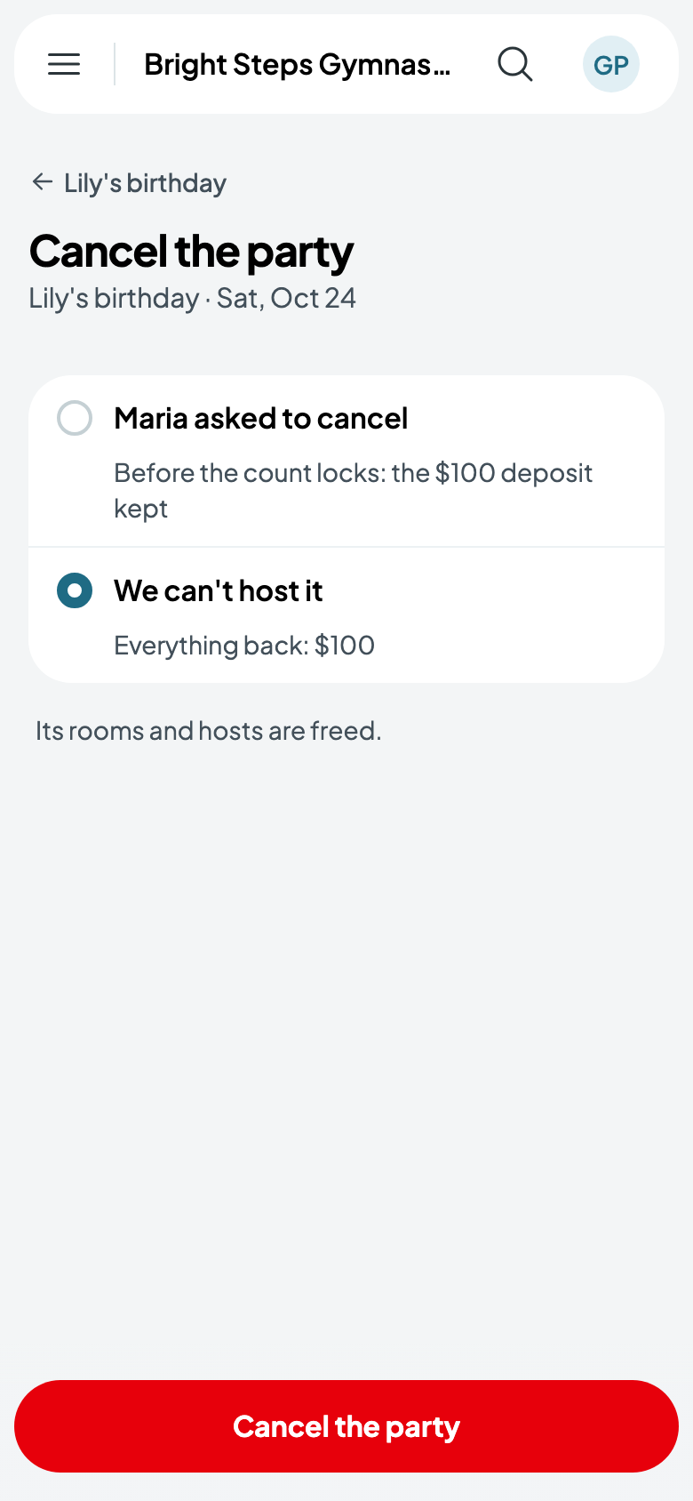 Cancelling Lily's party: we can't host it, everything back