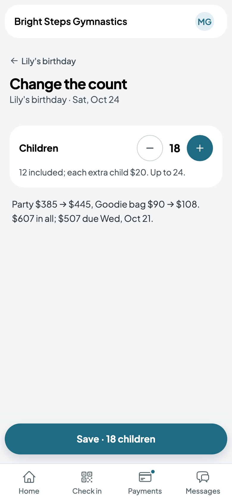 Changing the count to 18 children, and what it comes to