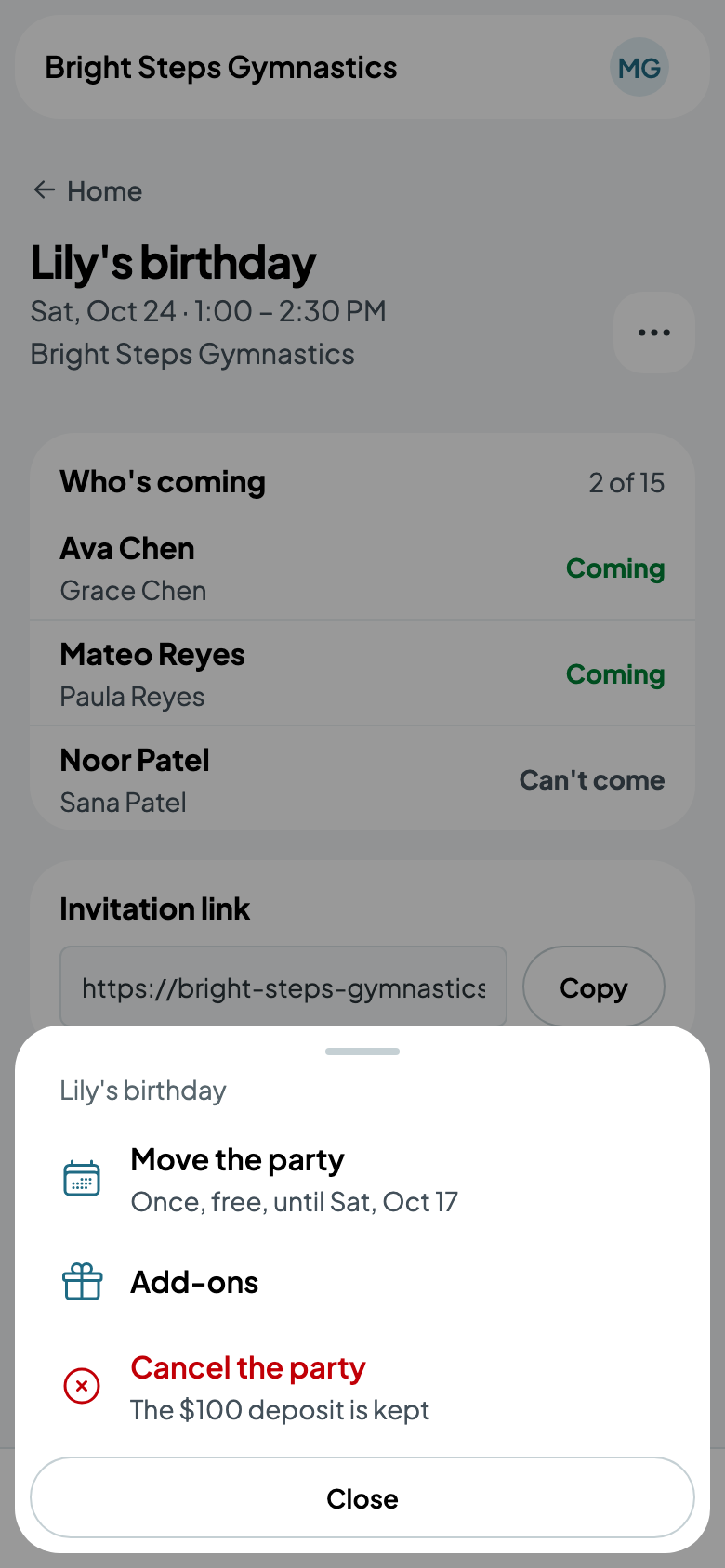 The parent's More: move once, free, or cancel
