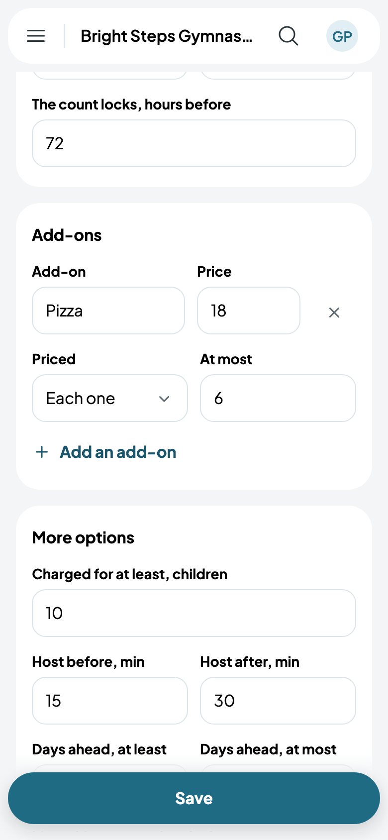 Add-ons, and More options
