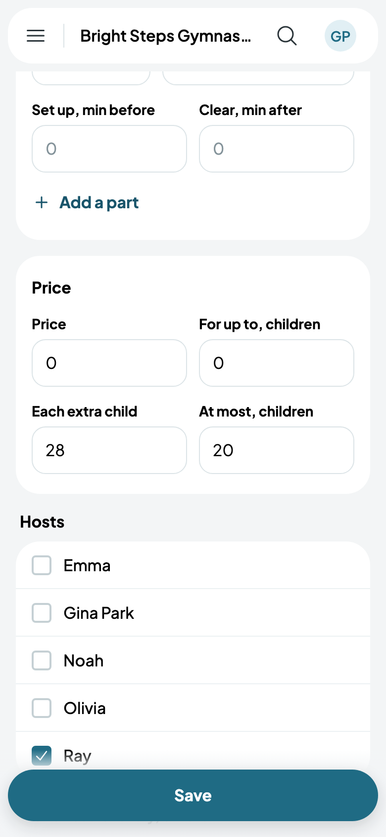 The price: $28 a child, 20 at most, with Ray hosting
