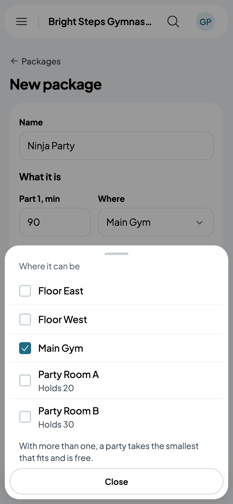 Choosing where a part happens: the Main Gym