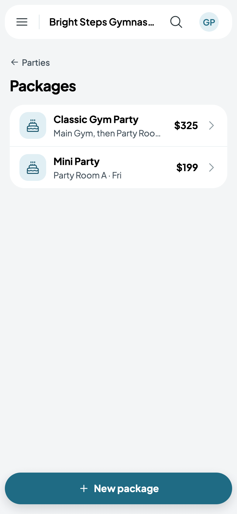 Packages: the Classic Gym Party and the Mini Party