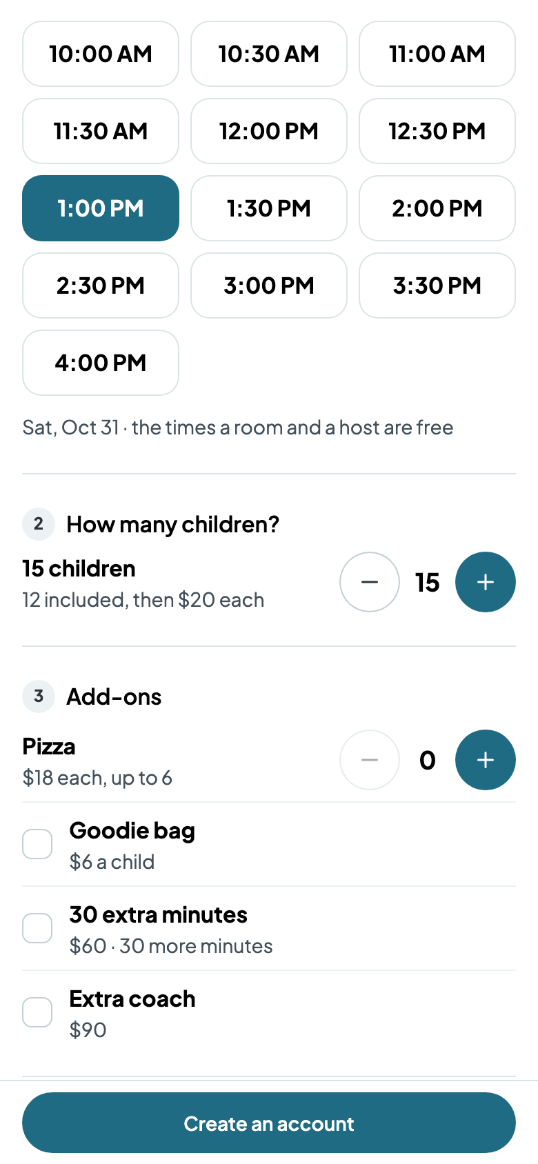 Picking Saturday at 1:00 PM for 15 children
