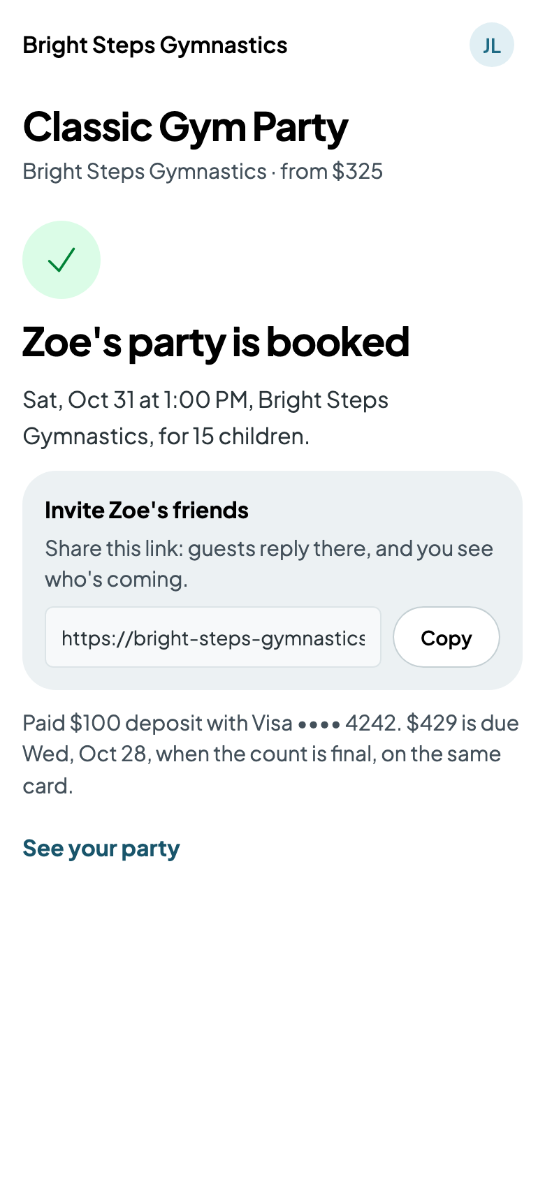 Zoe's party booked, with the invitation link