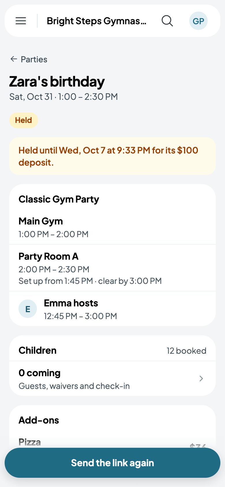 Zara's party held for its $100 deposit