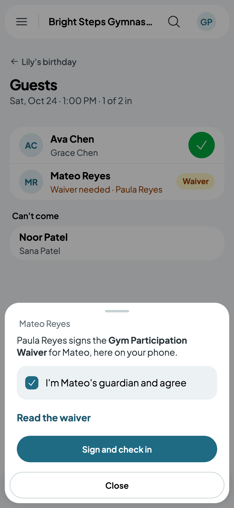 Paula Reyes signs Mateo's waiver on the owner's phone