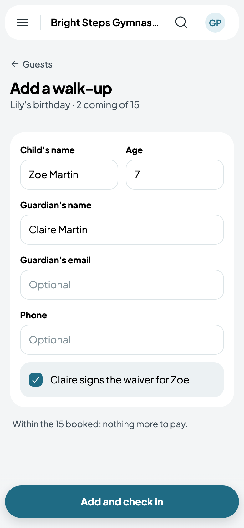 Zoe added at the door, her waiver signed