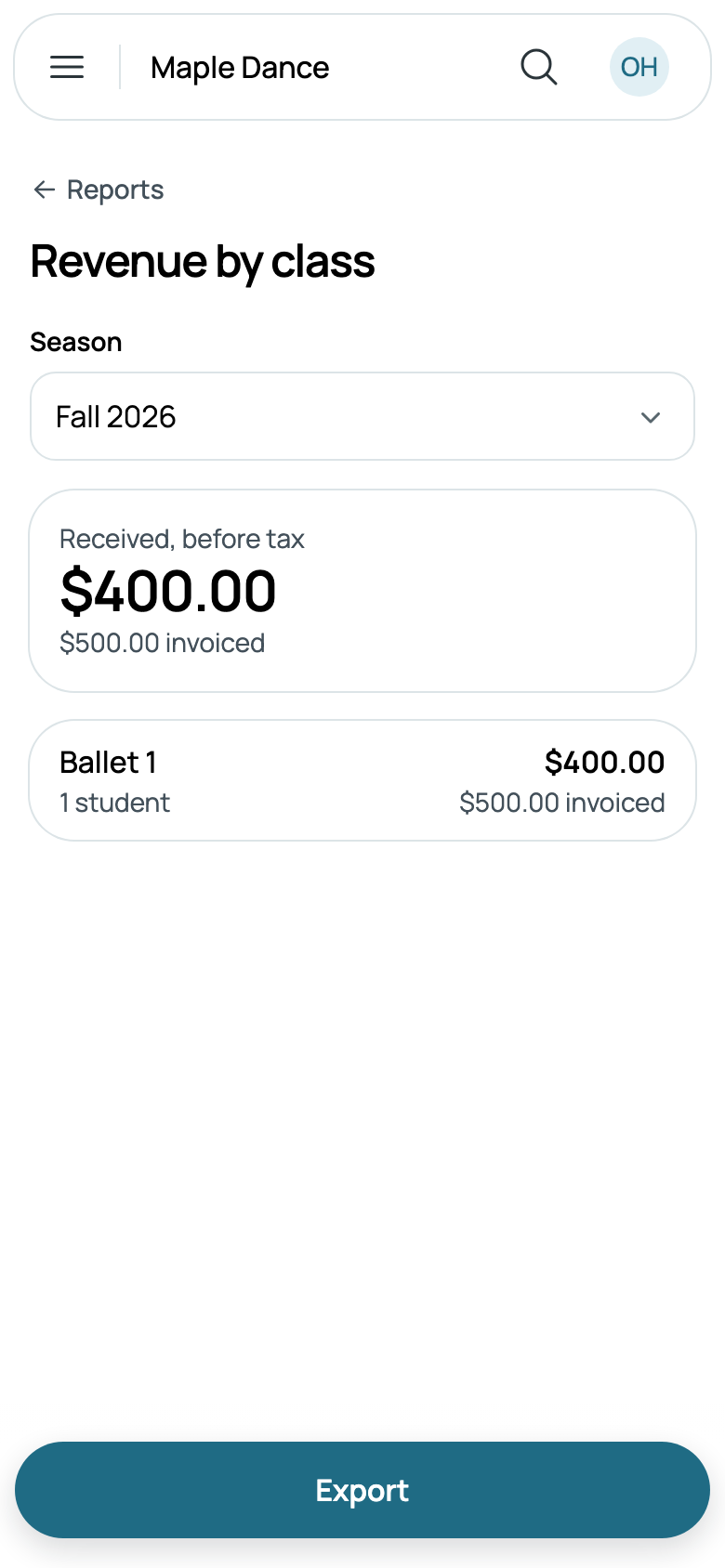 Fall 2026: Ballet 1, $400.00 received of $500.00 invoiced