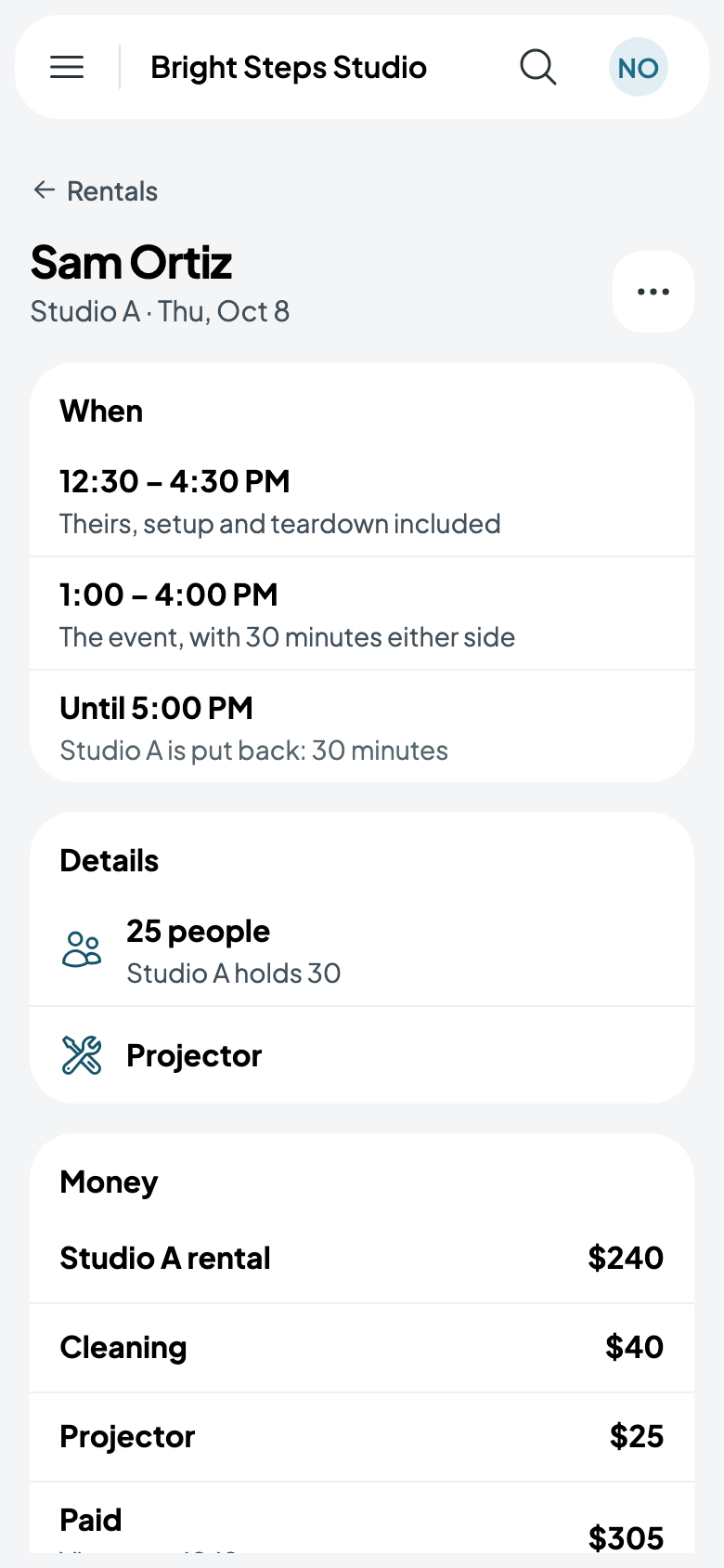 Sam Ortiz's rental of Studio A, paid by card