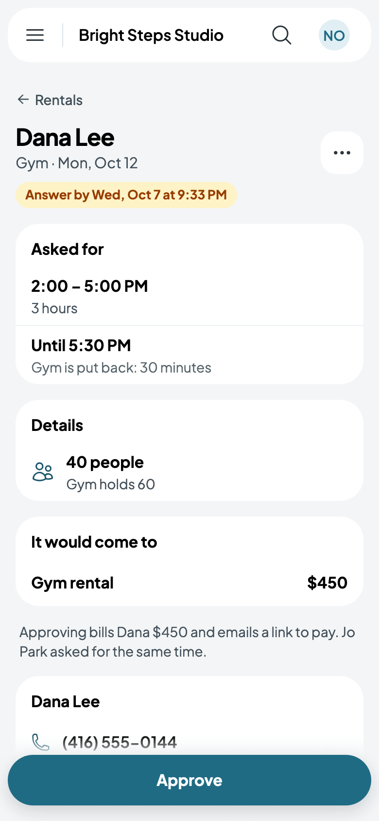 Dana Lee's request for the Gym: 2:00 to 5:00 PM, 40 people, $450