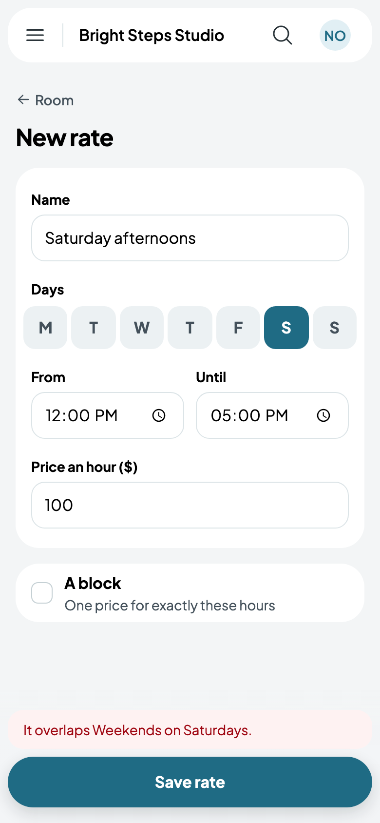 An hourly rate refused: it overlaps Weekends on Saturdays