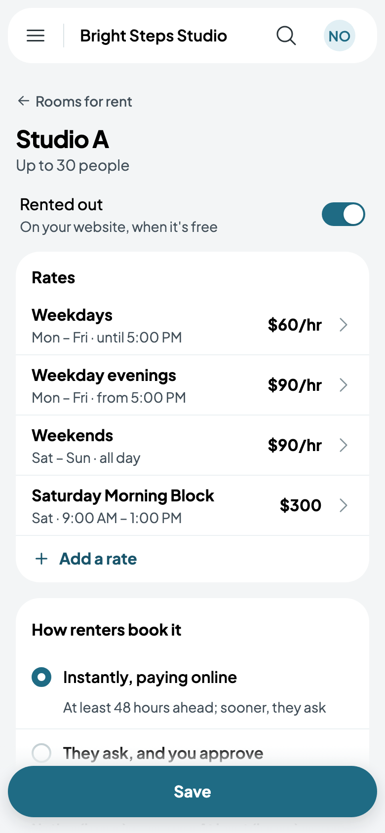 Studio A's rates, with the block among them