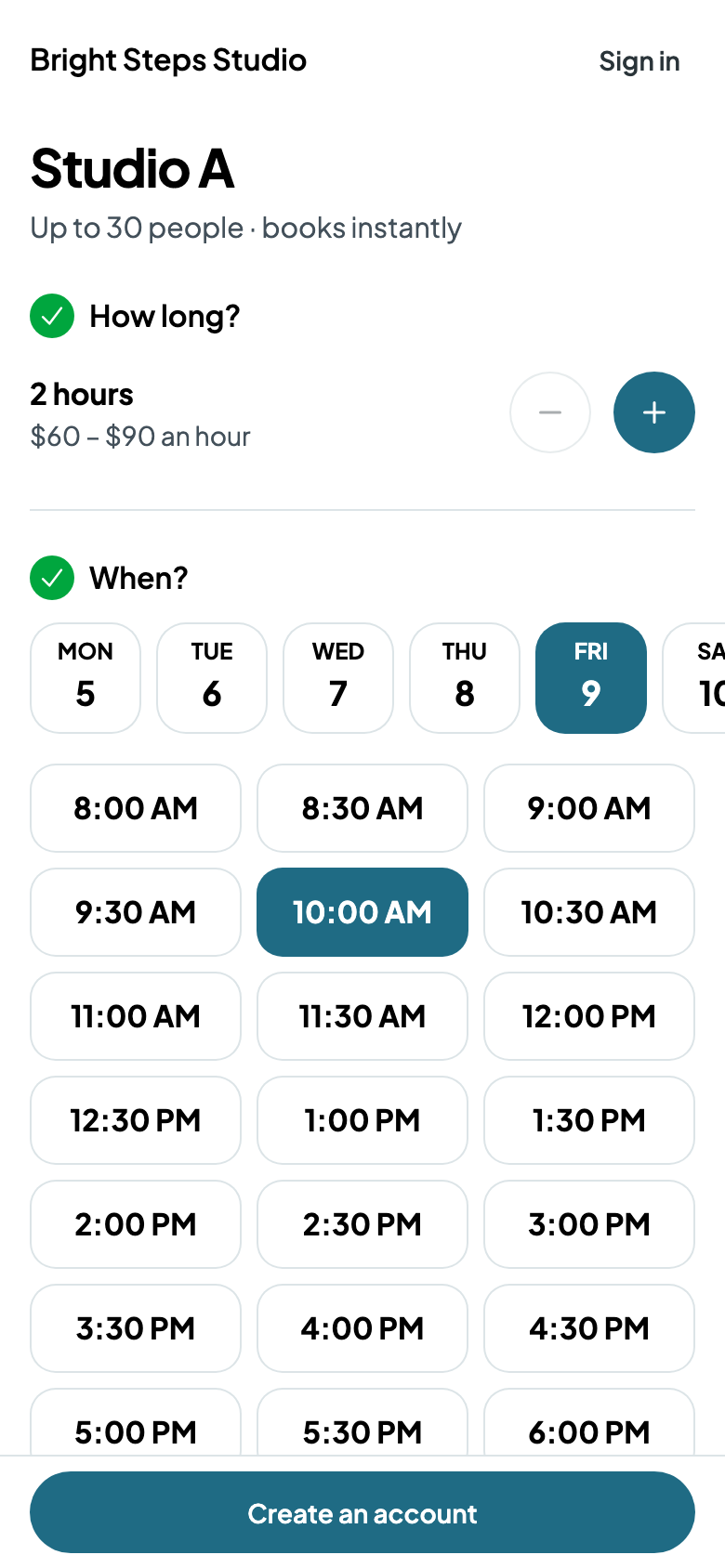Picking a day and a start time for Studio A