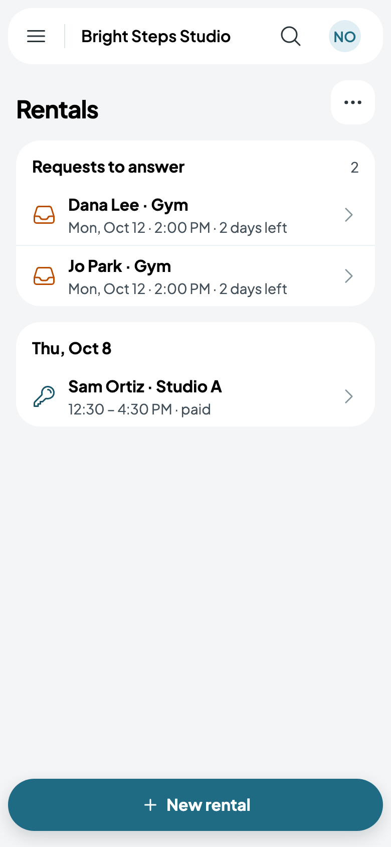 Two requests for the Gym, and Sam Ortiz's rental on Thursday