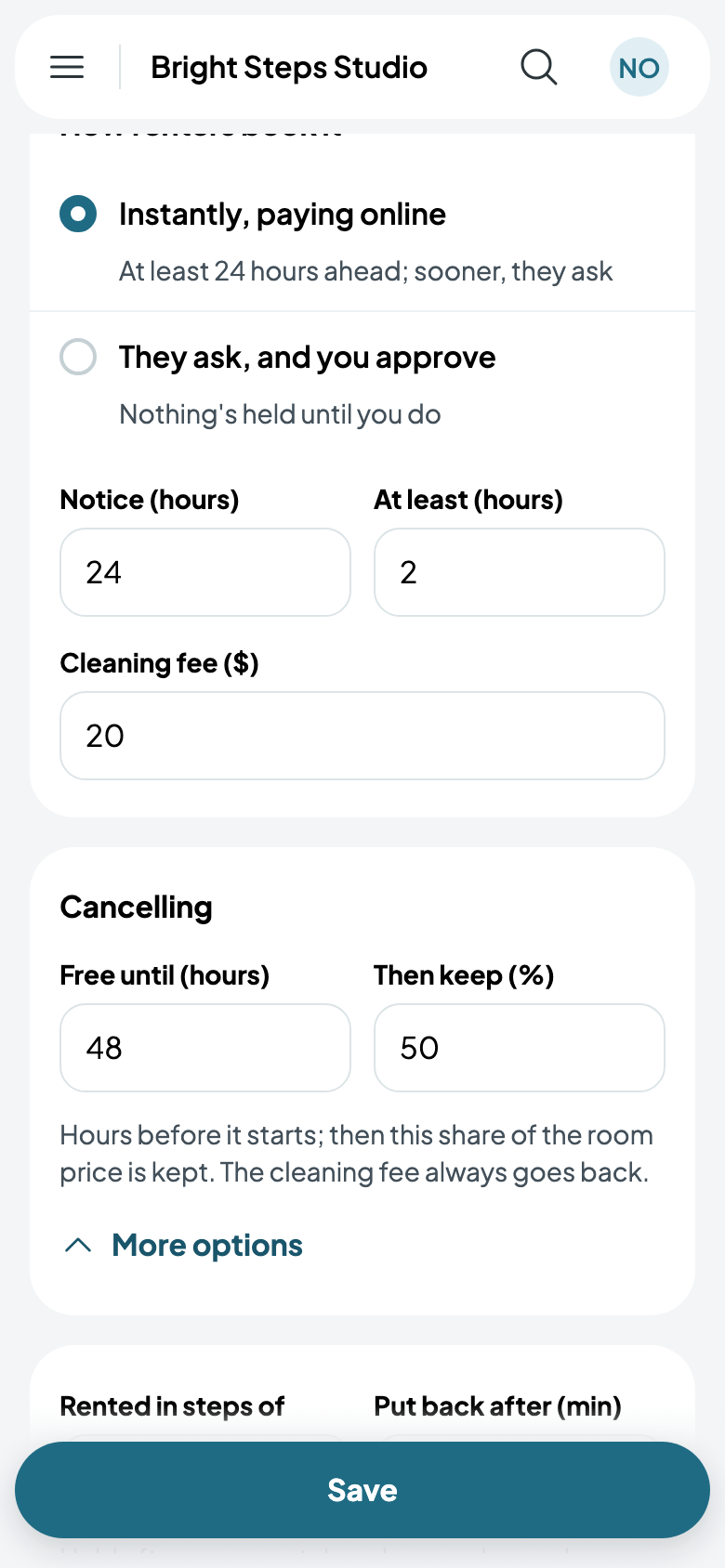 How Studio B is booked: instantly with 24 hours' notice, 2 hours at least, $20 cleaning, free to cancel until 48 hours before