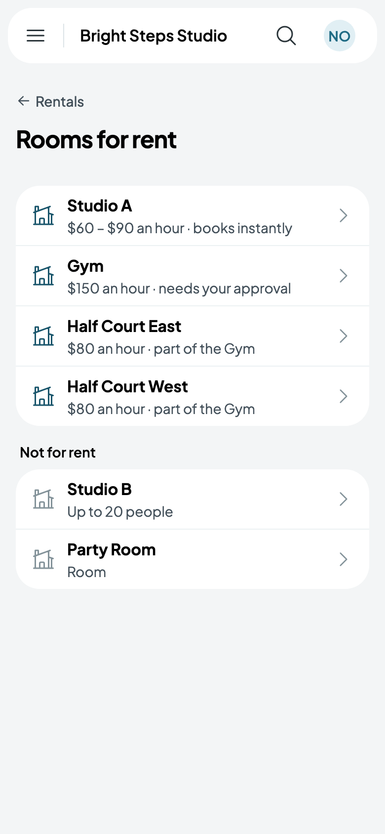 Rooms for rent: Studio A, the Gym and its half courts, with Studio B and the Party Room not rented yet