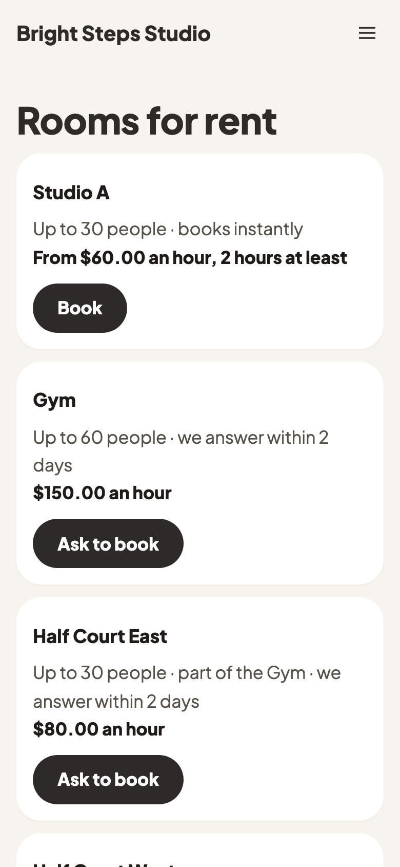 Rooms for rent on Bright Steps' website