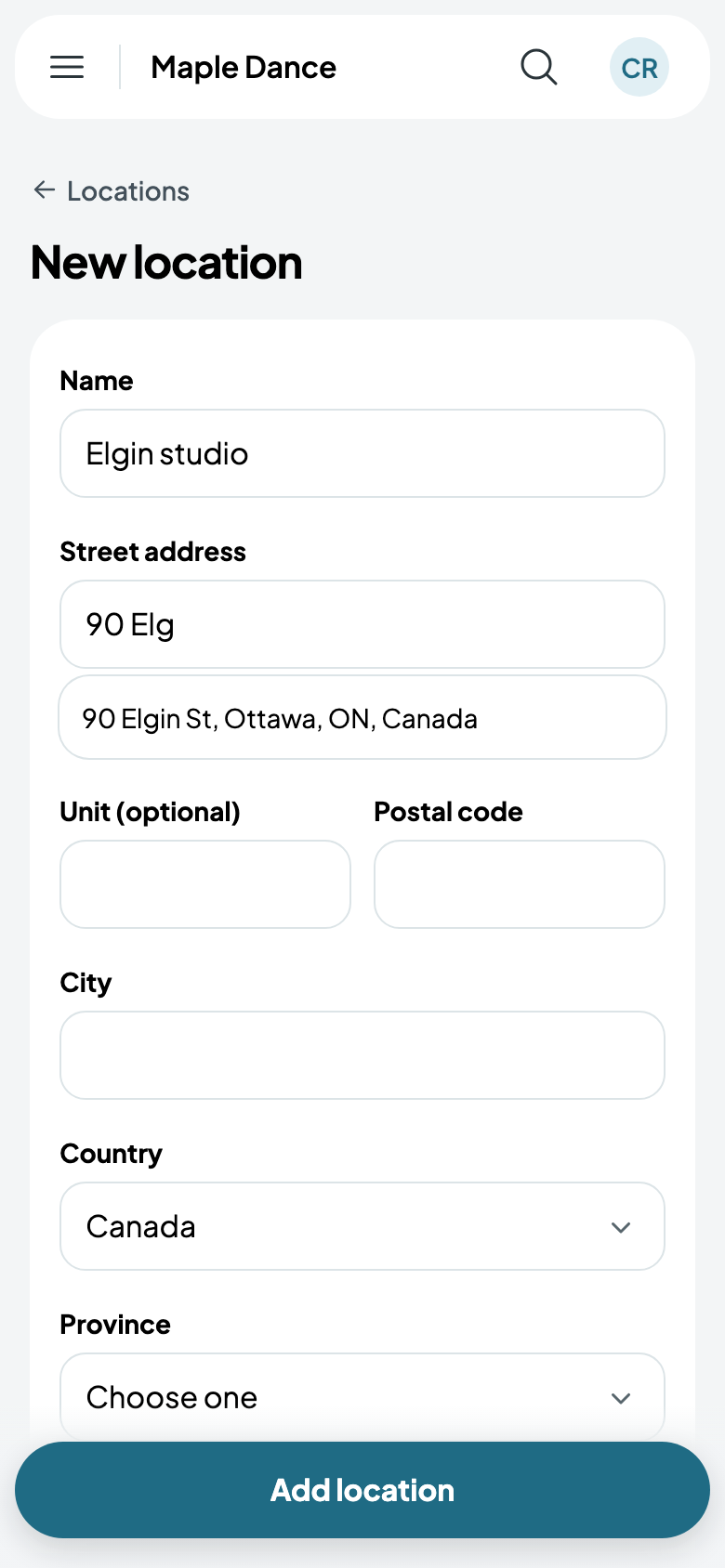 Typing 90 Elgin and choosing it