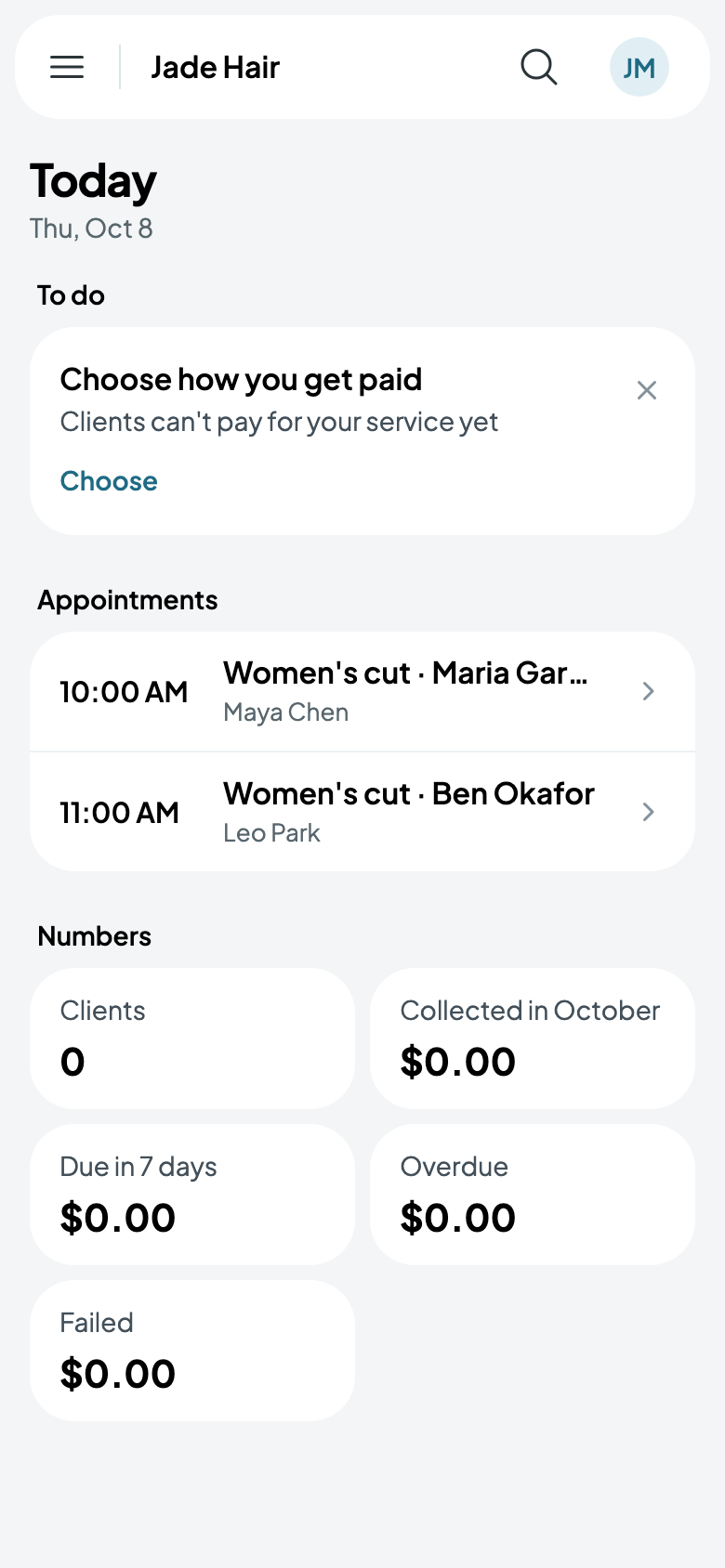 Today at a salon: its appointments, in order