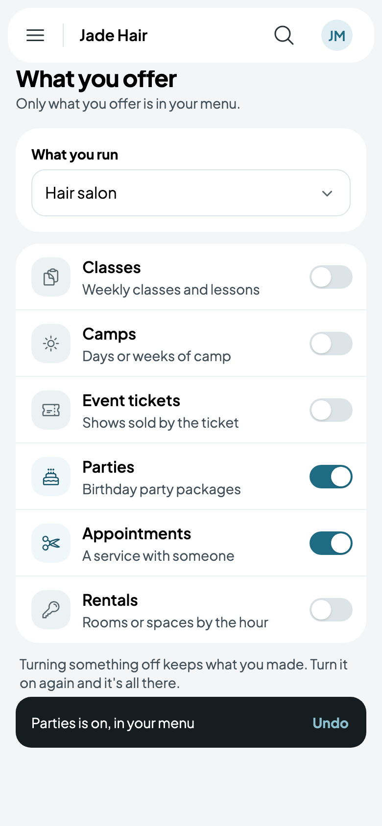 What you offer, with parties turned on