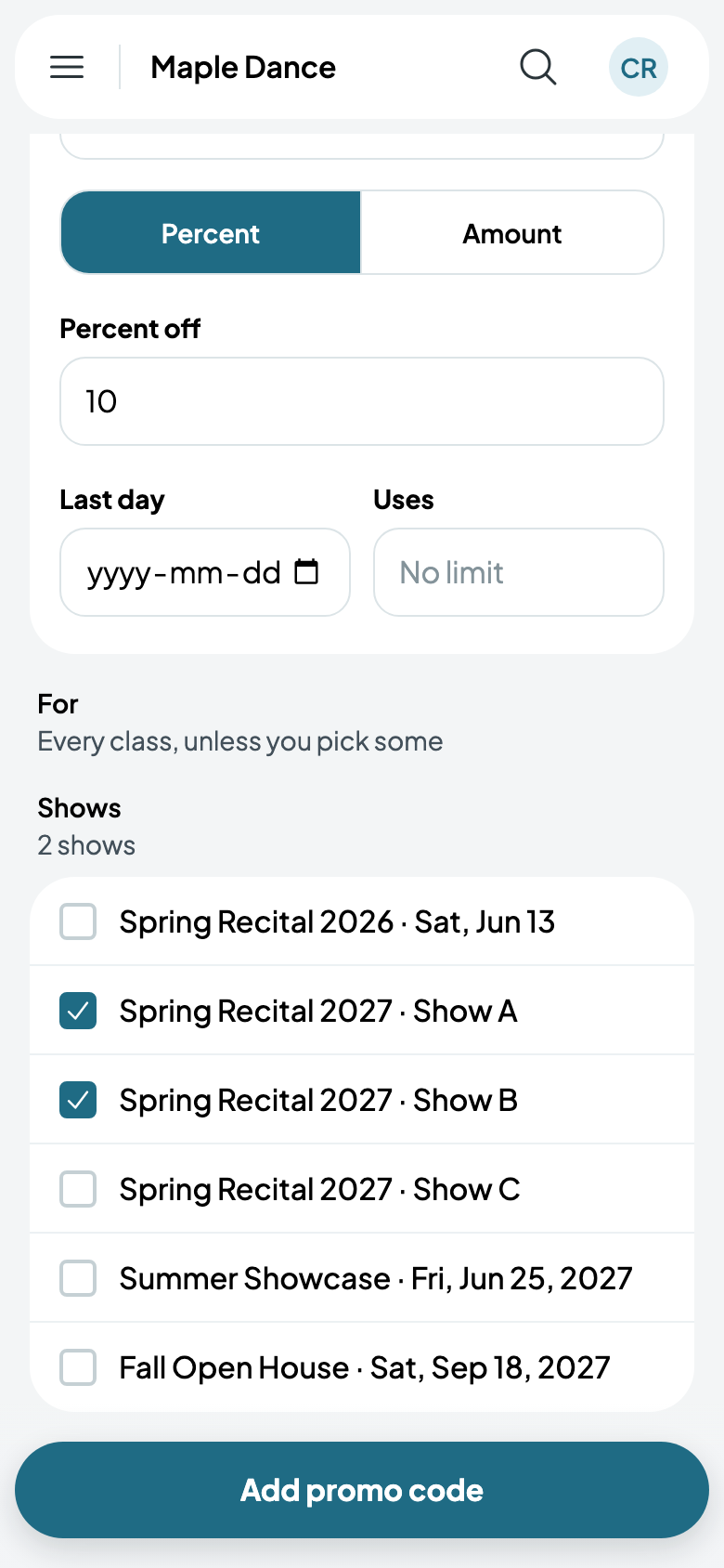 RECITAL10: 10% off Shows A and B