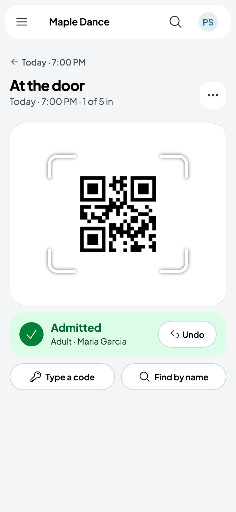 Admitted: an Adult ticket of Maria Garcia's
