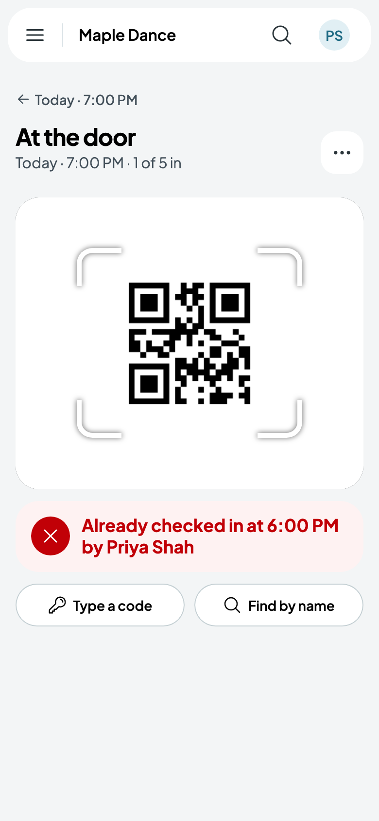 Already checked in at 6:00 PM by Priya Shah