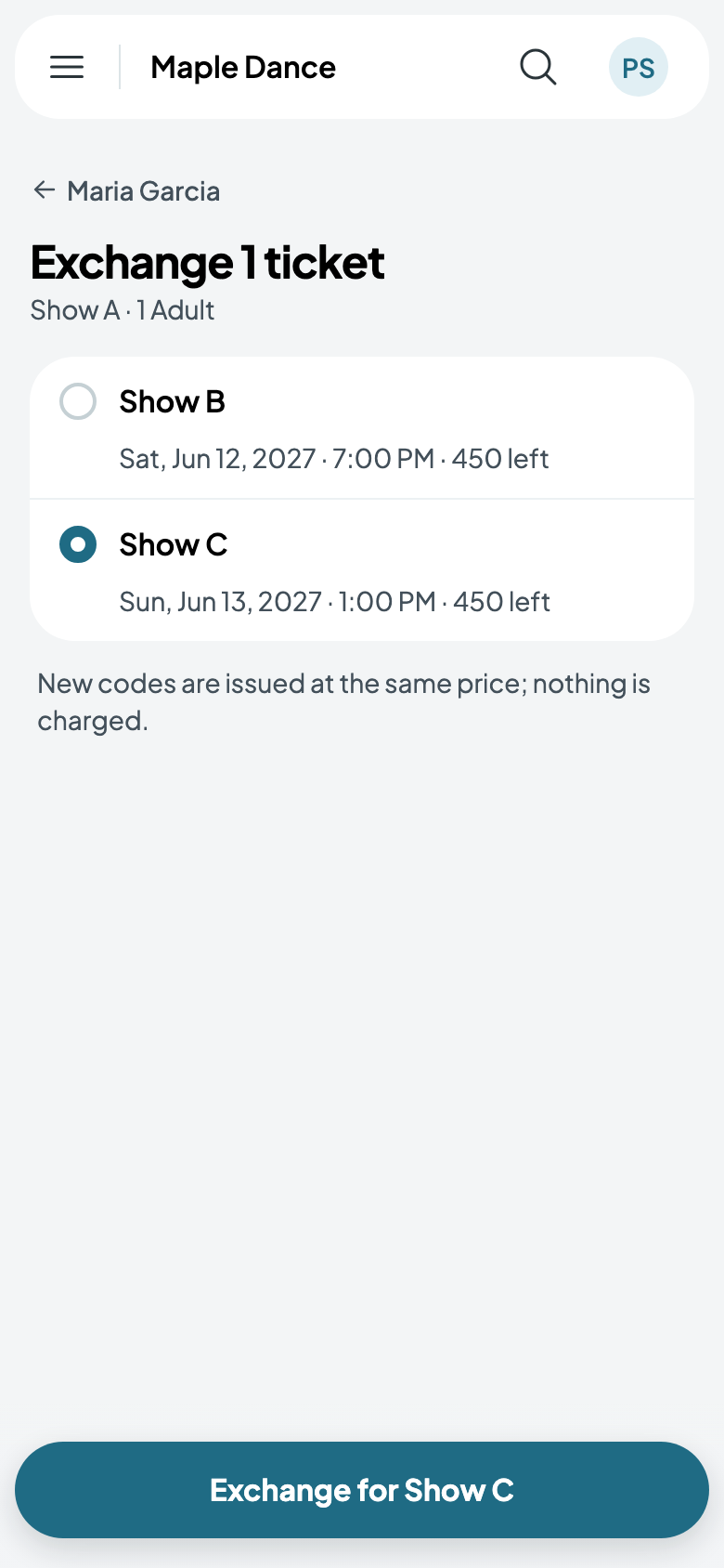Exchanging an Adult ticket for Show C