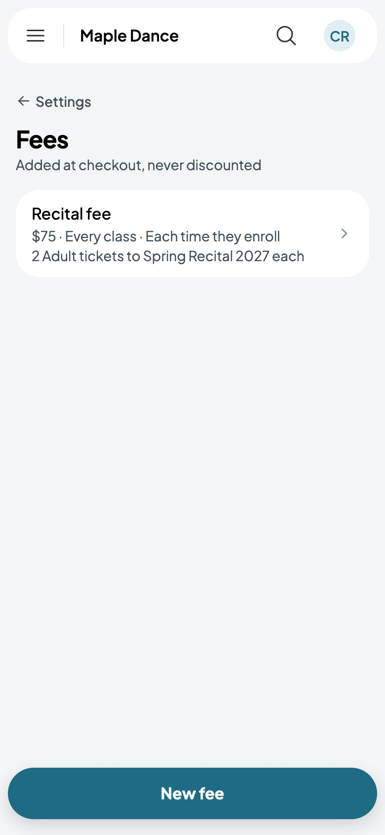 Fees, the recital fee saying what it includes