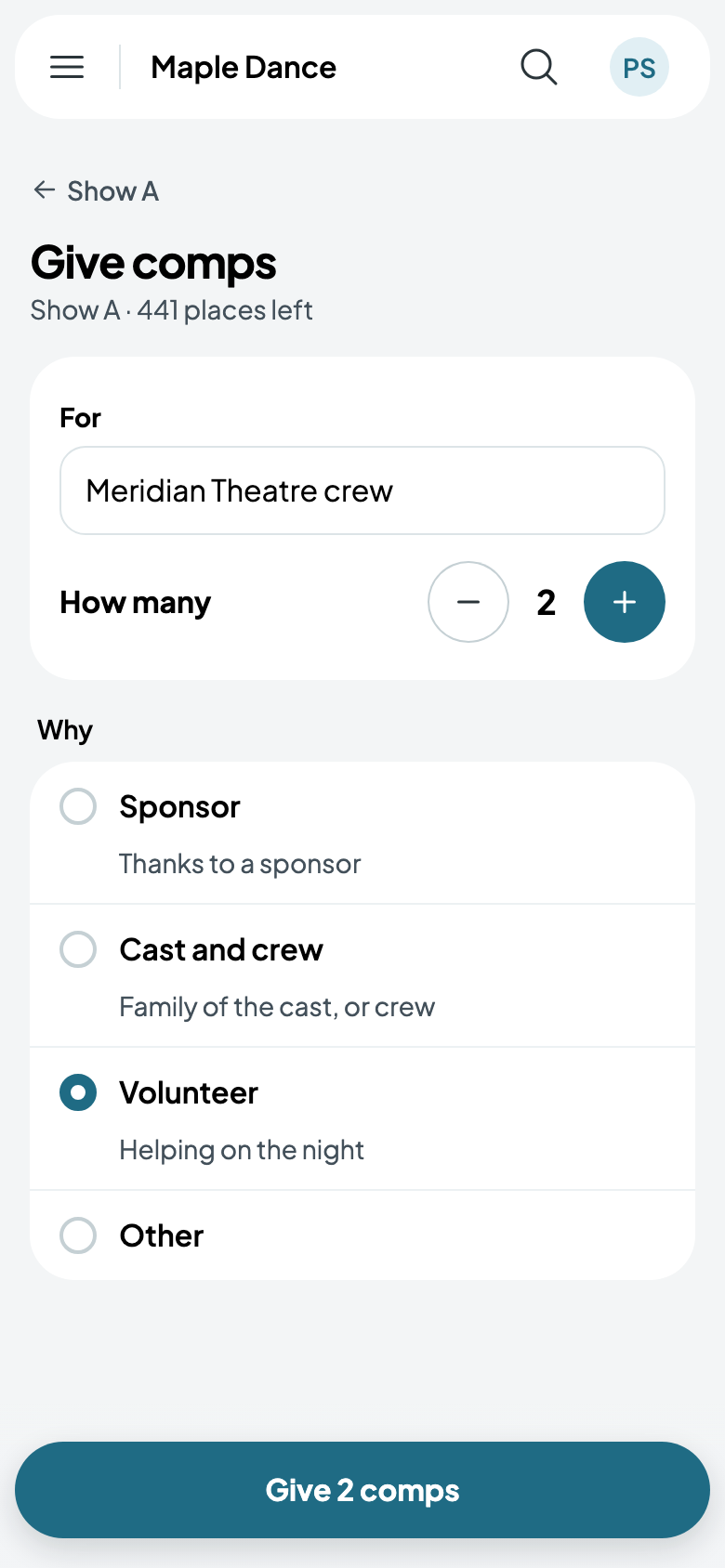 Two comps for the Meridian Theatre crew