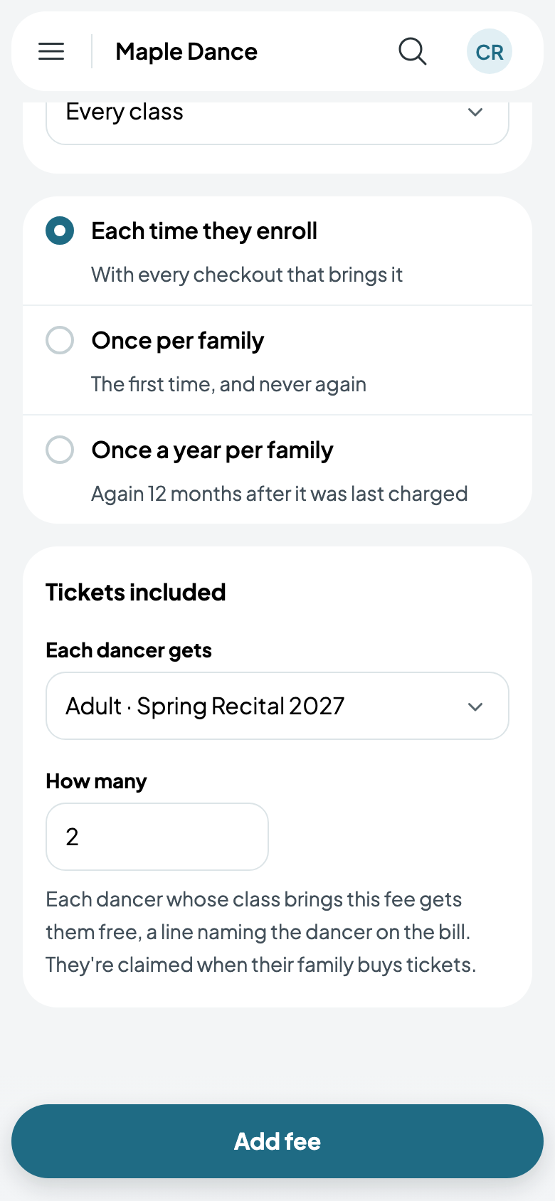 The recital fee includes 2 Adult tickets to the Spring Recital