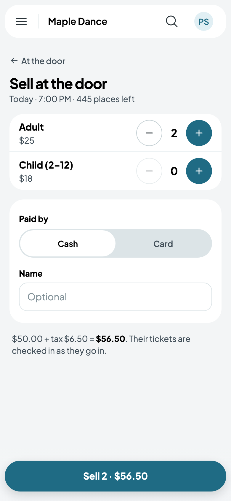 Two Adult tickets, $56.50 in cash