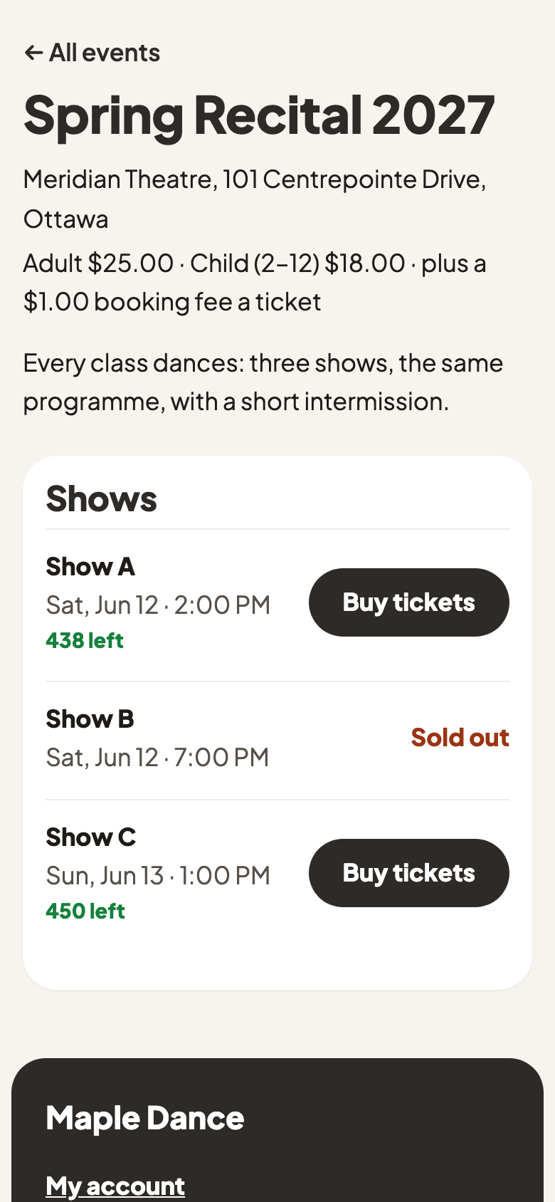 Spring Recital's shows, Show B sold out