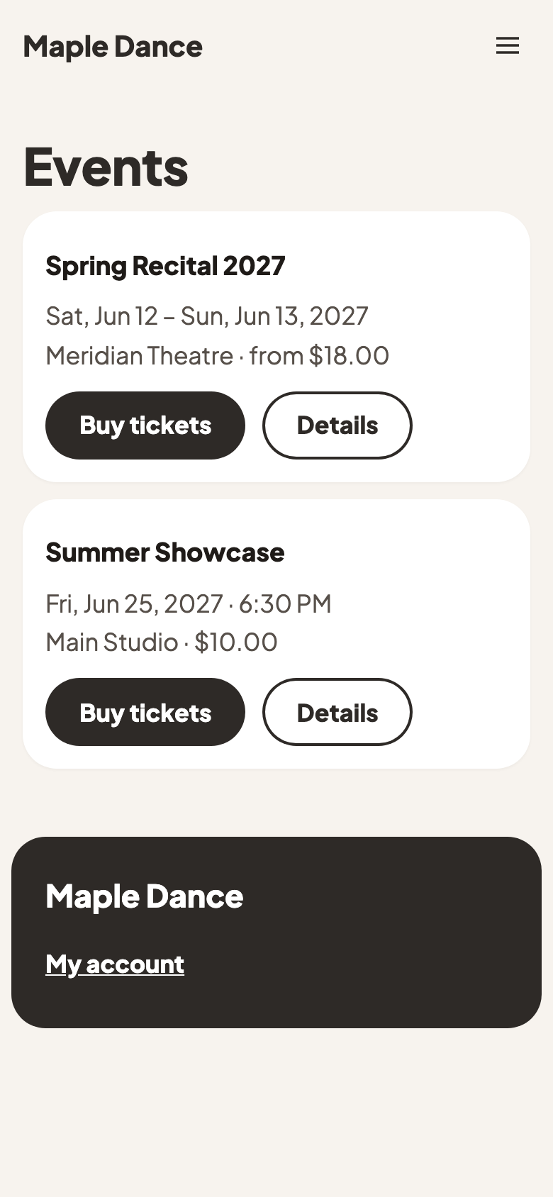Events on Maple Dance's website
