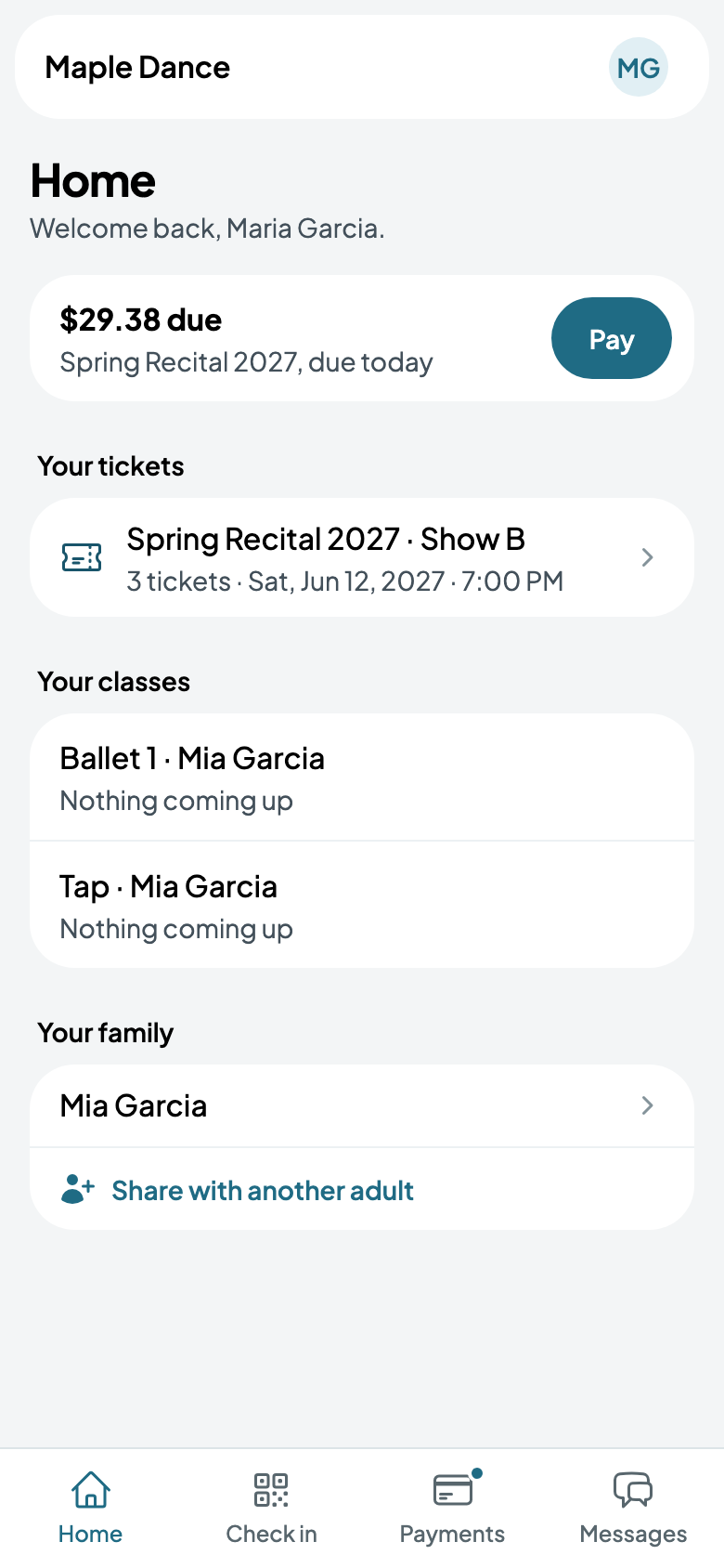 Maria's tickets for Show B, on Home