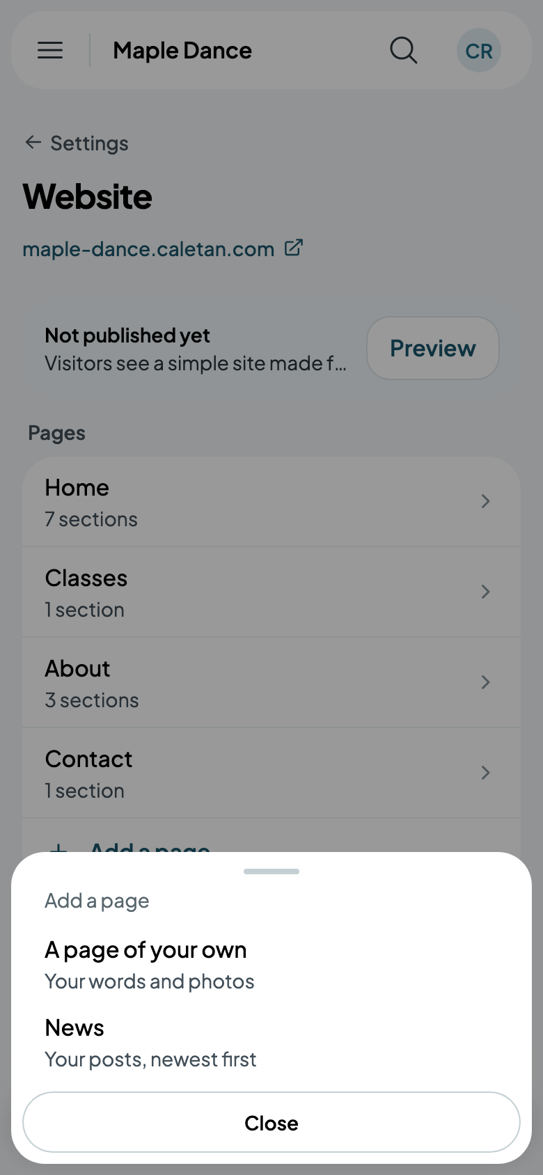 Add a page: a page of your own, or News