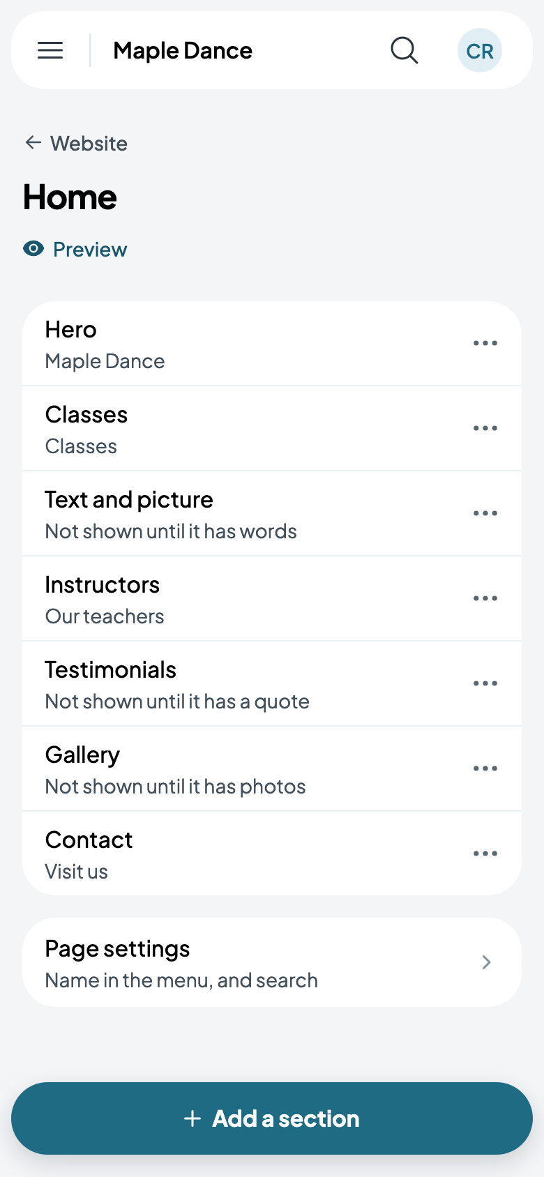 The home page's sections