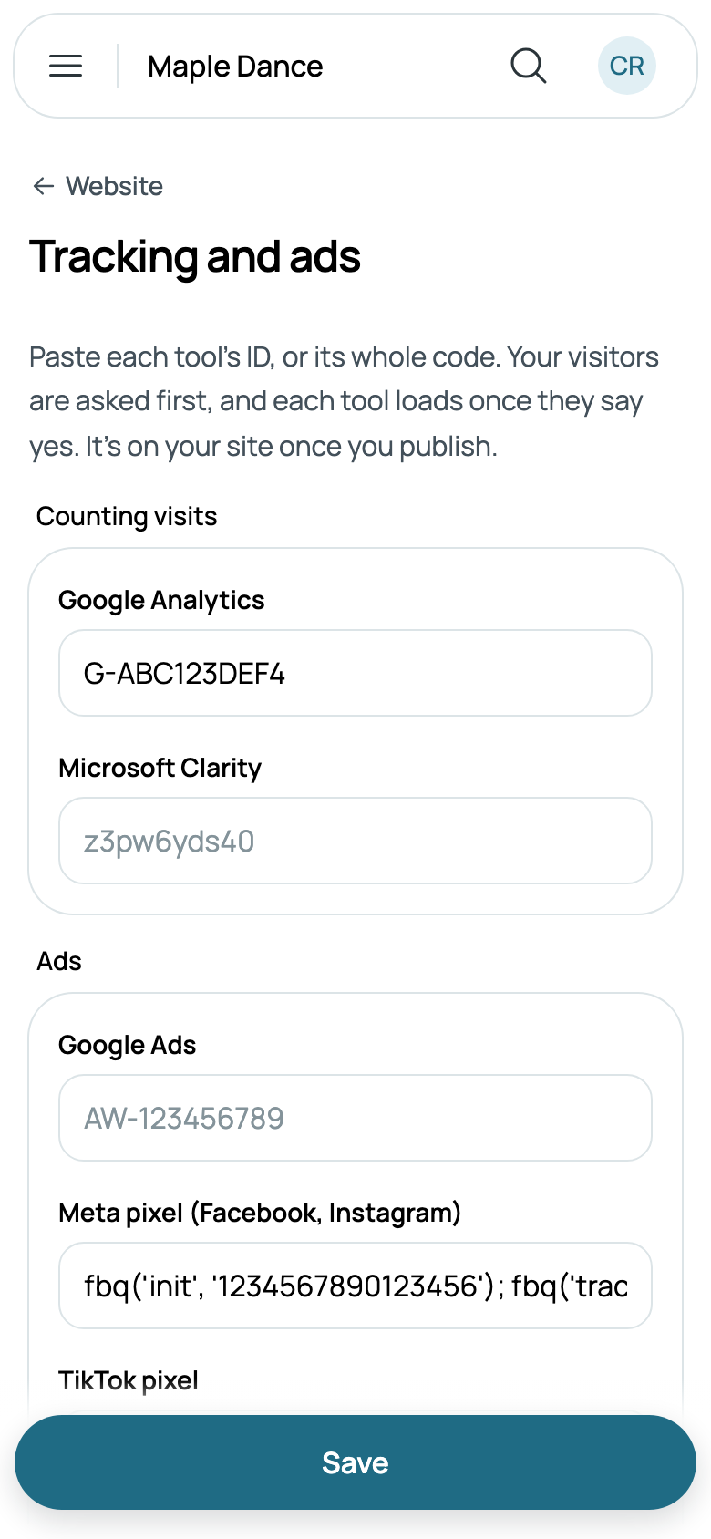 Tracking and ads, with Google Analytics and Meta's pixel