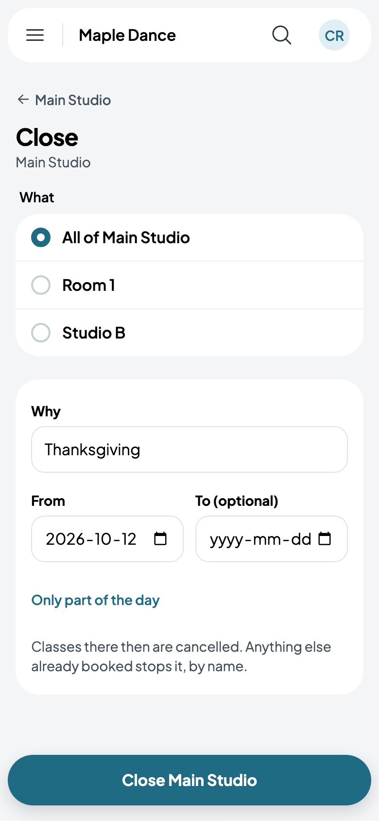 Closing Main Studio for Thanksgiving