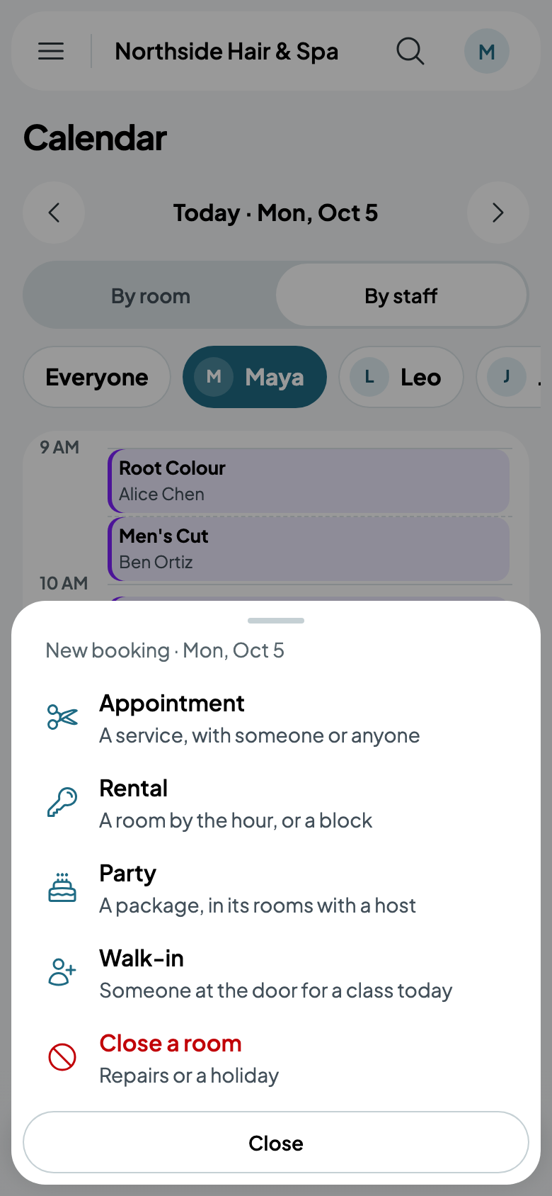 New booking, from the calendar